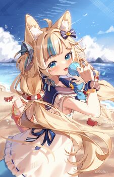 Rule 34 | 1girl, :d, ahoge, animal ear fluff, animal ears, beach, bikini, bikini under clothes, blonde hair, blue eyes, blue hair, blue sailor collar, blue sky, bucket, cat ears, cloud, commentary, crab, day, dress, fang, fins, fish girl, fish tail, frilled shirt collar, frills, halterneck, hand up, highres, holding, holding bucket, holding seashell, indie virtual youtuber, kaniki (sameko saba), kuri (animejpholic), lifebuoy hair ornament, long hair, looking at viewer, low twintails, multicolored hair, open mouth, outdoors, sailor collar, sameko saba, scrunchie, skin fang, sky, sleeveless, sleeveless dress, smile, solo, streaked hair, striped bikini, striped clothes, swimsuit, tail, twintails, very long hair, virtual youtuber, white bikini, white dress, wrist scrunchie
