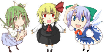 Rule 34 | 3girls, blonde hair, blue eyes, blue hair, bow, cirno, daiyousei, embodiment of scarlet devil, green eyes, green hair, hair bow, hair ribbon, lysander z, multiple girls, red eyes, ribbon, rumia, short hair, team 9 (touhou), touhou, wings