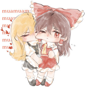 2girls :< anyanzkx apron ascot biting biting_cheek black_shoes black_skirt black_vest blonde_hair bow brown_hair chibi chibi_only closed_mouth commentary detached_sleeves frilled_bow frilled_hair_tubes frilled_skirt frills hair_bow hair_tubes hakurei_reimu heart kirisame_marisa long_hair multiple_girls one_eye_closed red_bow red_eyes red_shoes red_skirt shoes skirt skirt_set socks symbol-only_commentary touhou very_long_hair vest waist_apron white_apron white_socks yellow_ascot yuri