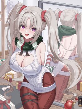 1girl :d absurdres arms_behind_back backless_outfit backless_sweater bare_shoulders breasts cleavage cleavage_cutout clothing_cutout commentary_request fang fur_hat gift green_scarf grey_hair hat hat_rack highres holding holding_gift large_breasts laru_(snowish)_(stella_sora) laru_(stella_sora) long_hair looking_at_viewer mirror nannanana3939 no_headwear open_mouth pantyhose papakha purple_eyes red_pantyhose reflection scarf sideboob skin_fang sleeveless sleeveless_sweater smile solo stella_sora sweater twintails unworn_hat unworn_headwear white_hat