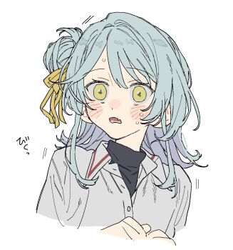 1girl aqua_hair blush buttons commentary_request cropped_torso dayama flat_color grey_shirt hair_ribbon koyanagi_kaho long_hair looking_at_viewer lower_teeth_only open_mouth ribbon shirt simple_background solo sweat teeth upper_body watashi_ga_koibito_ni_nareru_wake_naijan_murimuri! white_background yellow_eyes yellow_ribbon