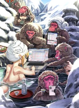 2girls 5others absurdres alcohol angry animal animal_costume back black_hair blonde_hair blue_eyes bored breast_press breasts brown_fur brush cellphone closed_eyes colored_skin computer costume dango day elf evil_smile food highres huge_breasts laptop miyu_(miyu_heuung) money monkey monkey_costume multiple_girls multiple_others nude onsen original paintbrush painting_(object) phone pink_skin pointing pointy_ears red_eyes rock sake serious smile snow stock_trading_elf_(miyu) sweatdrop tablet_pc towel towel_on_head wagashi water