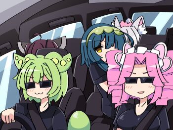 Rule 34 | 5girls, :3, alternate costume, animal ears, black-framed eyewear, black shirt, blue hair, blush, brown hair, car interior, closed mouth, commentary request, drill hair, driving, fox ears, fox girl, green hair, grey hair, headgear, highres, long hair, medium hair, meme, multiple girls, open mouth, pea pod, pink hair, recreational vehicle, s4u hokkaido trip camper van rollover incident (meme), seatbelt, shikoku metan, shirt, short hair, smile, steering wheel, sunglasses, touhoku itako, touhoku kiriko, touhoku kiritan, touhoku zunko, twin drills, upper body, voiceroid, voicevox, zundamon