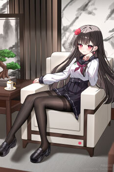 1girl absurdres black_hair black_pantyhose black_sailor_collar black_skirt blush bonsai breasts chair chinese_commentary closed_mouth commentary_request couch cup daoyan earrings flower full_body hair_flower hair_ornament hand_up heart high-waist_skirt highres indoors jewelry loafers long_hair long_sleeves looking_at_viewer medium_breasts miniskirt neckerchief on_chair original pantyhose plant pleated_skirt potted_plant red_eyes red_flower red_neckerchief red_rose rose sailor_collar saucer school_uniform serafuku shirt shoes single_earring sitting skirt smile solo table teacup teapot thighband_pantyhose very_long_hair watermark white_shirt window