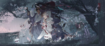 2girls absurdres black_hair brown_hair closed_mouth fingerless_gloves fire floating_hair flower fox_mask gloves hair_ornament highres holding japanese_clothes kimono long_hair looking_at_another mask mask_on_head multiple_girls nickel_nike original outdoors people profile rain ribbon tassel walking wedding white_flower white_kimono