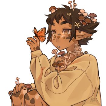 1other androgynous brown_eyes brown_hair bug butterfly butterfly_on_hand commentary dark_skin earrings english_commentary gluca highres insect jewelry monarch_butterfly multiple_earrings mushroom mushroom_on_head original other_focus pointy_ears signature solo spotted_skin sweater yellow_sweater