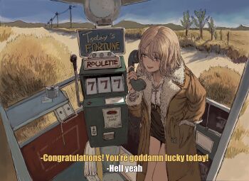 1girl 7_(number) blue_sky brown_coat bush calling coat commentary day english_commentary english_text fur_collar gold_can grey_eyes hand_in_pocket highres medium_hair mountainous_horizon open_mouth original outdoors phone power_lines sky slot_machine solo subtitled talking_on_phone tree utility_pole