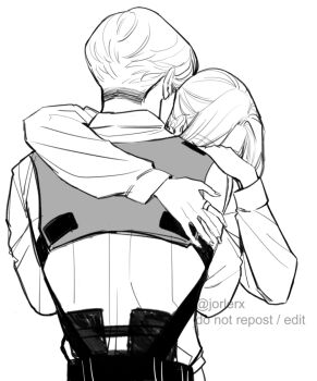 1boy 1girl annie_leonhart arm_around_neck armin_arlert chest_harness closed_eyes collared_shirt greyscale hand_on_another's_shoulder harness hug jewelry jorlerx medium_hair monochrome parted_bangs ring shingeki_no_kyojin shirt short_hair three-dimensional_maneuver_gear twitter_username updo upper_body white_background white_shirt