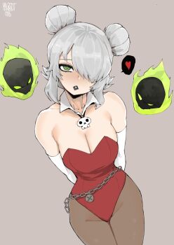 1girl alternate_costume arms_behind_back artist_name bare_shoulders black_leotard black_lips black_pantyhose blush breasts bright_pupils brown_background chain cleavage commentary commission deadlock_(game) detached_collar double_bun elbow_gloves english_commentary floating_skull gloves graves_(deadlock) green_eyes grey_hair hair_bun hair_over_one_eye highres leotard looking_at_viewer norman_maggot pantyhose simple_background strapless strapless_leotard white_gloves white_pupils