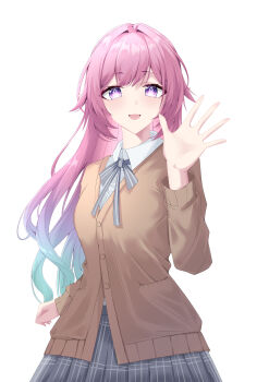 1girl absurdres alternate_costume aqua_hair bei_feng_(user_mjck7355) black_skirt breasts brown_vest commentary_request cyrene_(demiurge)_(honkai:_star_rail) cyrene_(honkai:_star_rail) diamond-shaped_pupils diamond_(shape) gradient_hair highres honkai:_star_rail honkai_(series) large_breasts long_hair looking_at_viewer multicolored_hair pink_hair purple_eyes school_uniform simple_background skirt smile solo symbol-shaped_pupils two-tone_hair very_long_hair vest white_background