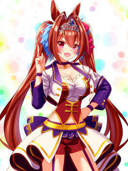 1girl animal_ears blush bodice breasts brown_hair choker cleavage collarbone commentary_request corset cropped_jacket daiwa_scarlet_(umamusume) fang garter_straps hair_between_eyes hair_intakes highres horse_ears horse_girl jacket large_breasts long_hair long_sleeves looking_at_viewer midriff_peek navel no_tail open_mouth overskirt pendant_choker purple_choker purple_garter_straps red_corset red_eyes red_shorts shirt shorts skin_fang smile solo starting_future_(umamusume) sugimotty_nova tiara twintails umamusume very_long_hair white_jacket white_shirt wristband