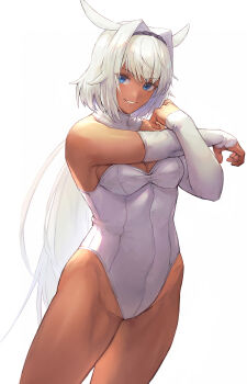 Rule 34 | 1girl, animal ears, blue eyes, blush, breasts, caenis (fate), cleavage, dark-skinned female, dark skin, detached collar, detached sleeves, fate/grand order, fate (series), grin, hair intakes, hairband, highleg, highleg leotard, highres, large breasts, leotard, long hair, looking at viewer, low ponytail, miyamoto satoru, ponytail, smile, solo, thighs, very long hair, white background, white hair, white leotard
