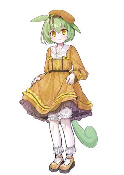 1girl animal_ears beret bloomers bobby_socks bow chjk000 collared_dress commentary_request dress dress_bow frilled_shirt_collar frills full_body green_hair hat highres long_sleeves looking_to_the_side plaid_clothes plaid_dress plaid_hat short_hair skirt_hold smile socks solo tail underwear voicevox yellow_eyes zundamon