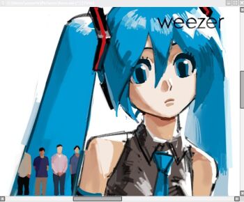 1girl 4boys album_cover bare_shoulders black_pants blue_eyes blue_hair blue_necktie blue_shirt brian_bell brown_pants closed_mouth collared_shirt commentary cover detached_sleeves english_commentary feet_out_of_frame grey_shirt group_name hair_between_eyes hair_ornament hatsune_miku long_hair looking_at_viewer matt_sharp minimalism multiple_boys myovarieshurt necktie own_hands_clasped own_hands_together pants patrick_wilson pink_shirt real_life rivers_cuomo shirt sidelocks simple_background sleeveless sleeveless_shirt twintails very_long_hair vocaloid weezer_(band) weezer_(blue_album) white_background white_shirt