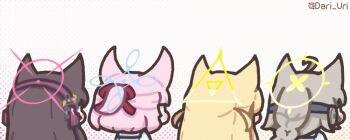 4girls ahoge animal_ears animated animated_gif artist_name black_sailor_collar blonde_hair blue_archive blue_halo braid braided_ponytail brown_hair chibi chibi_only commentary_request dari_uri dotted_background ear_protection facing_ahead fox_ears fox_girl fox_platoon_(blue_archive) from_behind green_halo hair_ribbon hair_wagging halo implied_extra_ears kurumi_(blue_archive) long_hair looping_animation multiple_girls niko_(blue_archive) otogi_(blue_archive) pink_hair ponytail red_halo red_ribbon ribbon sailor_collar school_uniform serafuku shirt short_hair short_ponytail twitching twitter_username two_side_up white_shirt yellow_halo yukino_(blue_archive)