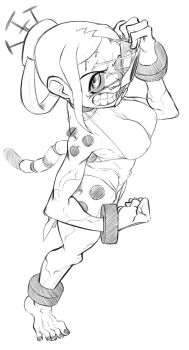 1girl alternate_breast_size_(larger) barefoot black_nails black_sclera black_toenails breasts clenched_teeth colored_sclera covered_erect_nipples cuffs cyborg from_above greyscale highres large_breasts looking_at_viewer malofantastic mask mask_pull monochrome nail_(hardware) painwheel_(skullgirls) shackles skullgirls solo stitches teeth veins