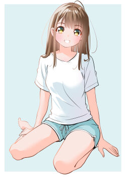 Rule 34 | 1girl, barefoot, blue background, blue shorts, border, brown eyes, brown hair, long hair, looking at viewer, mixed-language commentary, original, outside border, shirt, short shorts, shorts, simple background, sitting, smile, solo, white border, white shirt, yamanaka kouji (yanchiki2001)