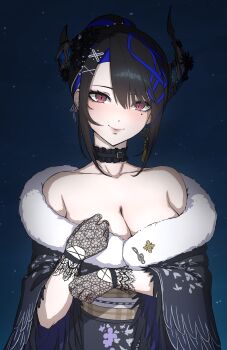 1girl absurdres asymmetrical_horns bare_shoulders black_choker black_hair black_kimono blue_hair breasts choker closed_mouth collarbone commentary daydarion demon_horns english_commentary flower gloves hair_flower hair_ornament highres hololive hololive_english horns japanese_clothes kimono large_breasts mole mole_under_eye multicolored_hair nerissa_ravencroft nerissa_ravencroft_(new_year) obi purple_eyes sash see-through_clothes see-through_gloves sky slit_pupils smile solo star_(sky) starry_sky two-tone_hair uneven_horns upper_body virtual_youtuber