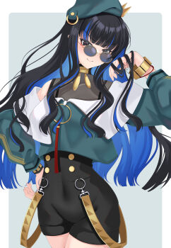 1girl absurdres bare_shoulders beret black_hair black_shorts blue_hair blush bracelet breasts buttons colored_inner_hair commentary_request covered_navel double-breasted eyeliner fate/grand_order fate_(series) green_hat green_jacket grey_eyes hat highres jacket jewelry long_hair long_sleeves looking_at_viewer makeup medium_breasts multicolored_hair neck_ring o-ring off_shoulder raji_(largesaint2210) round_eyewear shorts sidelocks smile solo sunglasses tenochtitlan_(fate) tenochtitlan_(second_ascension)_(fate) thighs zipper