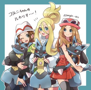 3girls 3others black_fur black_shirt black_thighhighs blonde_hair blue_eyes blue_fur blush body_fur breasts brown_eyes brown_hair closed_mouth coat eyelashes eyewear_on_headwear furry gen_4_pokemon green_jacket grey_eyes harmony_(pokemon) hat highres hug jacket korrina_(pokemon) long_hair long_sleeves looking_at_viewer lucario multicolored_fur multiple_girls multiple_others nintendo one_eye_closed open_clothes open_jacket open_mouth pants pink_hat pokemon pokemon_(creature) pokemon_xy ponytail rain_(tonight_862) red_eyes red_hat red_skirt serena_(pokemon) shirt short_hair shorts skirt sleeveless sleeveless_shirt smile striped_hat sunglasses thighhighs white-framed_eyewear white_coat white_hat white_shirt white_shorts winter_clothes winter_coat yellow_fur