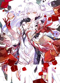 Rule 34 | 1girl, absurdres, asmoday (genshin impact), bare shoulders, breasts, card, cleavage, closed mouth, cocoballking, colored extremities, commentary, cube, dress, english commentary, floating hair, fur trim, genshin impact, hair between eyes, hand up, highres, joker (playing card), long hair, looking at viewer, medium breasts, outstretched arm, playing card, red hands, solo, white dress, white hair, yellow eyes