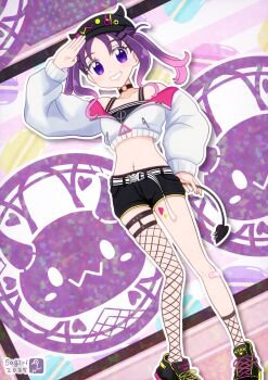 1girl :d arm_up artist_logo asukamama89 asymmetrical_legwear bandaid bandaid_on_leg bare_shoulders baseball_cap belt bibi_(tokoyami_towa) black_choker black_hat black_shoes black_shorts black_tank_top blush choker collarbone color_connection colorful_background commentary cosplay crop_top cropped_jacket demon_tail dutch_angle fake_horns fishnet_socks fishnet_thighhighs fishnets food-themed_background gradient_hair green_nails grin hair_color_connection hair_ornament hairclip halterneck hat heart heart_tattoo highres holding holding_own_tail hololive horned_hat horned_headwear horns jacket kimi_to_idol_precure leg_tattoo logo looking_at_viewer macaron_background medium_hair midriff multicolored_hair multicolored_nails nail_polish navel navel_piercing o-ring o-ring_choker off_shoulder open_mouth partially_unzipped patterned_background piercing pigeon-toed pink_background pink_hair precure purple_background purple_hair purple_nails salute shigure_kokoro shoes short_shorts shorts single_sock single_thighhigh skindentation smile sneakers socks solo tail tail_ornament tail_piercing tank_top tattoo teeth thigh_strap thighhighs tokoyami_towa tokoyami_towa_(1st_costume) tokoyami_towa_(cosplay) twintails two-tone_hair uneven_legwear white_belt white_jacket