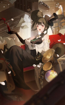 1girl :d a_pjiang absurdres alcohol bare_shoulders black_dress black_gloves book bookshelf brown_hair chair champagne_flute commentary_request couch cup dress drinking_glass elbow_gloves floating floating_object flower full_body gloves hair_bun hair_flower hair_ornament hand_up hat highres hobble_dress holding holding_cup huge_hair_bun indoors liqing_(xinyue_tongxing) long_dress mini_hat mini_top_hat neck_flower on_couch open_mouth red_eyes red_wine shawl short_hair single_side_bun sitting smile solo spilling tilted_headwear top_hat white_flower white_shawl wine xinyue_tongxing