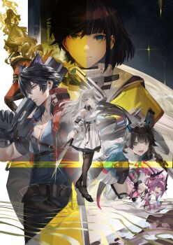 2girls 6+girls angelina_(arknights) animal_ears arknights arknights:_endfield bare_shoulders belt bird_ears bird_girl black_dress black_gloves black_hair black_pantyhose blazpu blue_eyes blue_hair blue_horns breasts brown_hair chen_qianyu_(arknights) closed_mouth coat diamond-shaped_pupils diamond_(shape) dragon_girl dragon_horn dragon_horns dragon_tail dress endministrator_(arknights) expressionless facial_scar female_endministrator_(arknights) fox_ears fox_girl from_side full_body gilberta_(arknights) gloves hair_between_eyes hair_intakes headpiece high_belt highres holding horns jacket large_breasts long_hair long_sleeves looking_at_viewer male_endministrator_(arknights) multicolored_hair multiple_girls no_mask off_shoulder open_clothes open_jacket open_mouth pants pantyhose perlica_(arknights) pink_hair pointy_ears red_coat ribbed_sweater scar scar_on_cheek scar_on_face shirt short_hair sleeveless sleeveless_dress smile standing streaked_hair sweater symbol-shaped_pupils tail twintails veil white_dress white_jacket white_shirt wolf_boy wolf_ears wulfgard_(arknights) xaihi_(arknights) yvonne_(arknights)