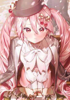 1girl :t absurdly_long_hair bag blush boots cherry_blossoms cherry_hair_ornament closed_mouth commentary_request flower food-themed_hair_ornament grey_jacket hair_between_eyes hair_ornament hatsune_miku heart heart_in_eye highres holding holding_bag holding_flower jacket jacket_on_shoulders kirisaki_shuusei knees_together_feet_apart long_hair long_sleeves looking_at_viewer official_alternate_costume pink_boots pink_eyes pink_flower pink_hair pink_skirt pleated_skirt pout sakura_miku sakura_miku_(rella) shirt signature sitting skirt solo symbol_in_eye twintails very_long_hair vocaloid white_shirt