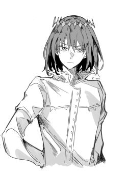 1boy arthropod_boy crown diamond_hairband fate/grand_order fate_(series) grey_hair greyscale highres ki_wa001 long_sleeves looking_at_viewer medium_hair monochrome oberon_(fate) oberon_(third_ascension)_(fate) shirt simple_background solo white_background white_shirt