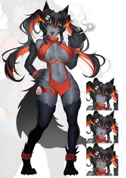 1girl absurdres animal_ear_fluff animal_ears animal_feet animal_hands belt belt_buckle black_fur black_hair black_sclera body_fur breasts buckle choppy_bangs cigarette cigarette_pack closed_mouth colored_sclera colored_skin commentary crossed_bangs dog_ears dog_girl dog_tail english_commentary fang flaming_eyes full_body grey_skin hair_between_eyes hair_ornament hand_on_own_hip hand_up hellhound_(monster_girl_encyclopedia) highres holding holding_cigarette large_breasts leg_fur leiden_yaegore licking_lips long_hair looking_at_viewer marlboro monster_girl monster_girl_encyclopedia monster_girl_encyclopedia_ii multicolored_hair multiple_expressions navel orange_belt orange_eyes orange_streaks pelvic_curtain revealing_clothes rolling_eyes scar scar_on_breasts scar_on_thighs skin_fang skull_hair_ornament smile smoke smoke_trail streaked_hair tail thigh_belt thigh_strap tongue tongue_out twintails white_background zoom_layer