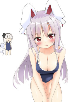 Rule 34 | 2girls, alternate costume, animal ears, black hairband, blue one-piece swimsuit, blush, breasts, cleavage, collarbone, commentary request, grey hair, hairband, highres, hitodama, konpaku youmu, konpaku youmu (ghost), large breasts, leaning forward, multiple girls, one-piece swimsuit, open mouth, purple hair, rabbit ears, rabbit girl, red eyes, reisen udongein inaba, school swimsuit, shishiky, simple background, smile, sweatdrop, swimsuit, touhou, white background