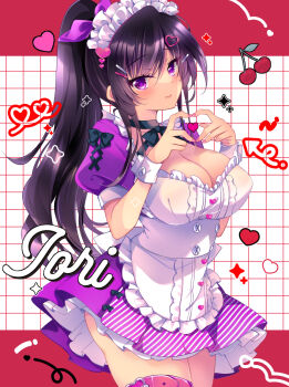 Rule 34 | 1girl, apron, black hair, blush, bow, breasts, cherry, choker, cleavage, collarbone, dress, food, fruit, hair bow, hair ornament, hairclip, heart, heart hands, highres, ichiyou moka, large breasts, long hair, maid, maid headdress, original, ponytail, puffy sleeves, purple dress, purple eyes, saimin kanojo (ichiyou moka), short sleeves, simple background, skirt, solo, takanashi iori (ichiyou moka), thighs