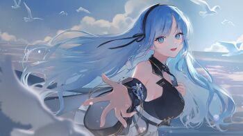 1girl absurdres bbony_0_0 bird black_collar black_dress black_hairband black_necktie black_ribbon black_sleeves blue_eyes blue_hair breasts cloud collar commentary_request detached_collar detached_sleeves dress grey_skirt hair_ribbon hairband highres indie_virtual_youtuber large_breasts lens_flare long_hair necktie ocean outstretched_hand pleated_skirt ribbon seagull shyla_(vtuber) sideboob skirt sky solo virtual_youtuber