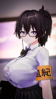 1girl 3d absurdres armband black_hair bra breasts button_gap commentary expressionless glasses highres indoors kazama_ritsuko large_breasts light_blush long_hair looking_at_viewer ponytail purple_eyes school_uniform solo solo_focus sweat sweatdrop underwear untranslatable_commentary vrc_marvelous vrchat