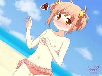 Rule 34 | 1girl, blush, breasts, brown eyes, brown hair, cherrinako, closed mouth, female focus, highres, inokuma youko, kirara fantasia, looking at viewer, navel, nipples, panties, pink panties, shadow, short hair, sky, small breasts, solo, standing, swimsuit, underwear, underwear only, water