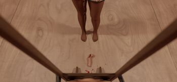 1boy 1girl ayal_(cutting_room) bdsm blood bondage bound breasts castration castration cum cum_on_body ejaculation femdom guillotine guro large_breasts mesh_sock mistress nipples no_bra nude wooden_floor