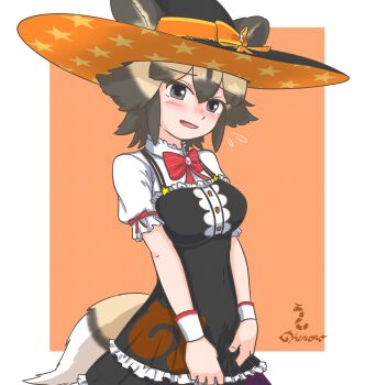 1girl absurdres african_wild_dog_(kemono_friends) alternate_costume animal_ears black_dress black_hat blush bow bowtie center_frills collar cowboy_shot dog_ears dog_girl dog_tail dress ears_through_headwear embarrassed flying_sweatdrops frilled_collar frilled_dress frilled_sleeves frills grey_eyes halloween halloween_costume hat hat_bow highres japari_symbol kemono_friends kemono_friends_3 nokemono-san_(bocchi_friend) orange_bow puffy_short_sleeves puffy_sleeves red_bow red_bowtie shirt short_sleeves solo tail white_shirt witch_hat wrist_cuffs
