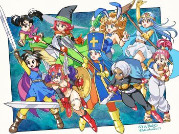 Rule 34 | 6+girls, absurdres, animal ears, armor, betabetamaru, bikini armor, blue leotard, bodystocking, bow, bowtie, breasts, cape, cleavage, dagger, detached collar, dragon quest, dragon quest iii, fake animal ears, fake tail, martial artist (dq3), habit, hat, helmet, heroine (dq3), highres, holding, holding dagger, holding knife, holding mace, holding sack, holding shield, holding staff, holding weapon, gadabout (dq3), knife, large breasts, leotard, mace, mage (dq3), mage staff, merchant (dq3), multiple girls, open mouth, playboy bunny, priest (dq3), rabbit ears, rabbit tail, sack, sage (dq3), shield, warrior (dq3), staff, strapless, strapless leotard, sword, tail, thief (dq3), twintails, vest, weapon, winged helmet, witch hat