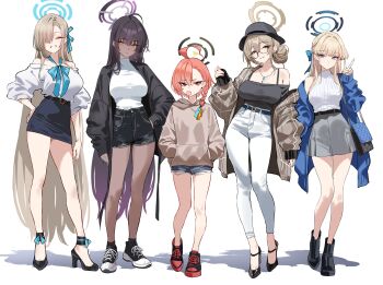 Rule 34 | 5girls, ahoge, akane (blue archive), alternate costume, alternate hairstyle, asuna (blue archive), asymmetrical bangs, bag, bare shoulders, black bag, black boots, black hair, black halo, black hat, black jacket, black shirt, black shoes, black shorts, black socks, blonde hair, blue archive, blue bow, blue eyes, blue halo, blue jacket, blue ribbon, blue skirt, boots, bow, braid, breasts, brown hoodie, brown jacket, chewing gum, cleaning &amp; clearing (blue archive), cleavage, closed eyes, closed mouth, commentary, dark-skinned female, dark skin, denim, denim shorts, glasses, grey skirt, grin, hair between eyes, hair bun, hair over one eye, hair ribbon, halo, hand on own hip, hands in pockets, hat, high-waist shorts, high-waist skirt, high heels, highres, holding, holding bag, hood, hoodie, huge ahoge, jacket, jewelry, karin (blue archive), large breasts, long hair, long legs, miniskirt, multiple girls, necklace, neru (blue archive), off-shoulder shirt, off shoulder, pants, pencil skirt, plaid clothes, plaid jacket, purple halo, red eyes, red hair, ribbon, shigure s, shirt, shoes, short shorts, shorts, single bare shoulder, single braid, skirt, sleeveless, sleeveless turtleneck, sleeves past wrists, smile, socks, sweater, toki (blue archive), torn clothes, torn shorts, turtleneck, turtleneck shirt, v, white pants, white shirt, white sweater, yellow eyes, yellow halo