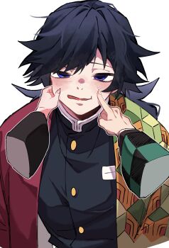 1boy absurdres black_hair black_jacket blue_eyes blush demon_slayer_uniform haori high_collar highres jacket japanese_clothes kikkoumon kimetsu_no_yaiba long_hair looking_at_viewer low_ponytail male_focus ponytail pov print_haori red_haori si_kn_22 simple_background solo_focus spiked_hair tomioka_giyuu upper_body white_background