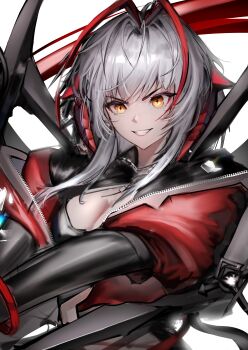 1girl absurdres antenna_hair arknights black_shirt breasts cleavage cleavage_cutout clothing_cutout commentary grey_hair highres jacket long_sleeves medium_breasts medium_hair multicolored_hair orange_eyes red_hair red_jacket shirt simple_background solo streaked_hair symbol-only_commentary upper_body w_(arknights) white_background wis'adel_(arknights) zion_(wjwy7242) zipper