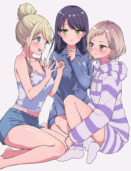 3girls ao_ayaka bare_arms bare_shoulders black_hair blonde_hair blue_camisole blue_eyes blue_pajamas blue_shirt blue_shorts breasts brown_eyes camisole character_request closed_mouth collared_shirt commentary_request green_eyes hair_bun highres hood hoodie ice_cream_kanojo kawai_miruku kuune_rin long_hair long_sleeves loungewear medium_breasts midriff mole mole_under_eye multiple_girls open_mouth pajamas parted_lips shirt short_hair short_shorts shorts simple_background single_hair_bun sitting smile socks striped_clothes striped_hoodie white_background