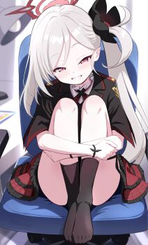 1gen_sinkun 1girl artist_name black_flower black_jacket black_scrunchie black_shirt black_socks blue_archive blush chair desk desk_lamp dot_nose feet flower frilled_skirt frills grin hair_flower hair_ornament hair_scrunchie half-closed_eyes halo highres hugging_own_legs indoors jacket kneehighs knees_up lamp light_blush loli long_eyelashes long_hair mutsuki_(blue_archive) neck_ribbon no_shoes on_chair pointy_ears purple_eyes red_halo red_ribbon red_skirt ribbon scrunchie shirt short_sleeves side_ponytail sitting skirt smile smug socks solo toes undershirt very_long_hair white_shirt