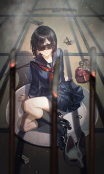 1girl arm_support bai_rui black_hair black_shoes black_socks blindfold blue_sailor_collar blue_shirt blue_skirt blurry brooch closed_mouth coin commentary_request depth_of_field doll embers eye_mask facing_viewer fox_mask highres indoors jewelry kneehighs loafers long_sleeves mask money neckerchief on_plate origami plate pleated_skirt red_neckerchief sailor_collar school_uniform serafuku shimizu_hinako shirt shoes short_hair silent_hill_(series) silent_hill_f sitting skirt smoke socks solo sword tatami unworn_mask weapon