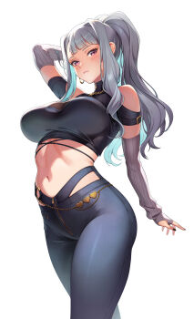 1girl absurdres arched_back arm_behind_head arm_warmers black_nails black_pants breasts commentary_request cowboy_shot fingerless_gloves fingernails gloves grey_hair highres hip-hop_woman_(idolmaster) idolmaster idolmaster_(classic) idolmaster_million_live! idolmaster_million_live!_theater_days large_breasts long_hair looking_at_viewer machi_(machi333) midriff nail_polish navel official_alternate_costume pants ponytail purple_eyes shijou_takane simple_background solo standing white_background