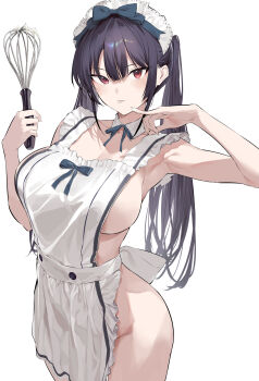 1girl apron black_hair blue_ribbon breasts collar cream detached_collar haite_kudasai_takamine-san highres hiiragi_yuuichi holding holding_whisk large_breasts long_hair naked_apron neck_ribbon red_eyes ribbon shadow solo takamine_takane tongue tongue_out twintails whisk white_apron white_collar