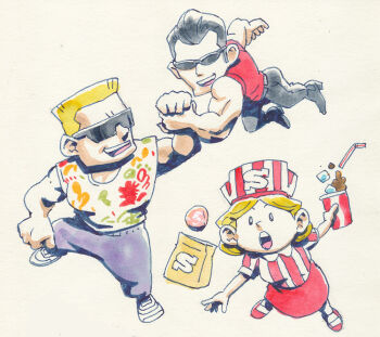 Rule 34 | 1girl, 2boys, akahanadragon, bag, bendy straw, blonde hair, drinking straw, employee uniform, fast food uniform, full body, handshake, hat, ice, ice cube, looking at another, medium hair, mother (series), mother 2, multiple boys, muscular, muscular male, nintendo, open mouth, paper bag, pompadour, short hair, skirt, smile, soda, sunglasses, traditional media