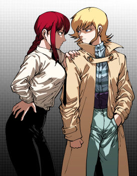 1boy 1girl absurdres asuka_ryou black_necktie black_pants blonde_hair blue_eyes blue_pants blue_shirt braid braided_ponytail brown_coat buttons chainsaw_man clenched_hand coat collared_coat collared_shirt commentary cowboy_shot crossover cummerbund devilman double-breasted english_commentary expressionless formal_clothes gradient_background halftone halftone_background hand_in_pocket hand_on_another&#039;s_shoulder hand_on_own_hip hatching_(texture) high_collar highres linear_hatching long_sleeves makima_(chainsaw_man) necktie open_clothes open_coat pants partially_shaded_face red_hair ringed_eyes rocklobster52s shaded_face shadow shirt shirt_tucked_in sideburns sidelocks trench_coat turtleneck turtleneck_shirt white_shirt yellow_eyes