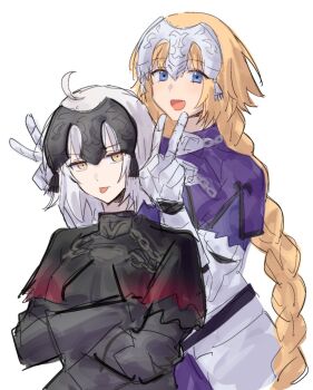 2girls ahoge armor black_armor black_capelet blonde_hair blue_eyes capelet chain crossed_arms double_v fate/grand_order fate_(series) gauntlets grey_hair headpiece highres jeanne_d&#039;arc_(fate) jeanne_d&#039;arc_(ruler)_(fate) jeanne_d&#039;arc_alter_(avenger)_(fate) jeanne_d&#039;arc_alter_(fate) long_hair looking_at_viewer multiple_girls nekwnek open_mouth purple_capelet short_hair simple_background smile tongue tongue_out v very_long_hair white_background yellow_eyes